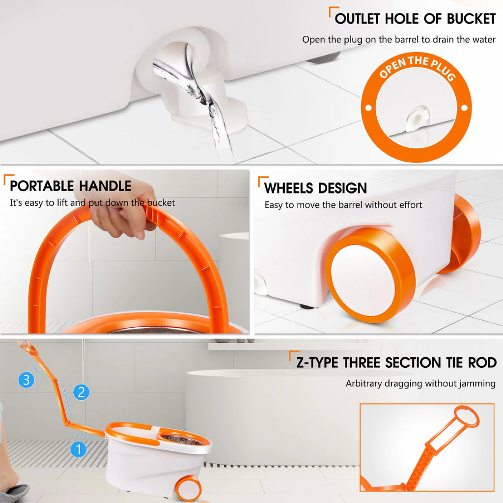 Spin Mop and Bucket System with Wringer Set, 6 Microfiber Mop Heads P31040