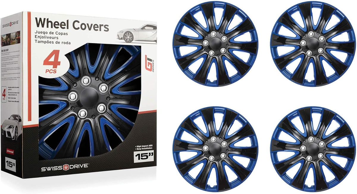 15 Inch Set of 4 Black and Blue Car Wheel Hubcaps B297