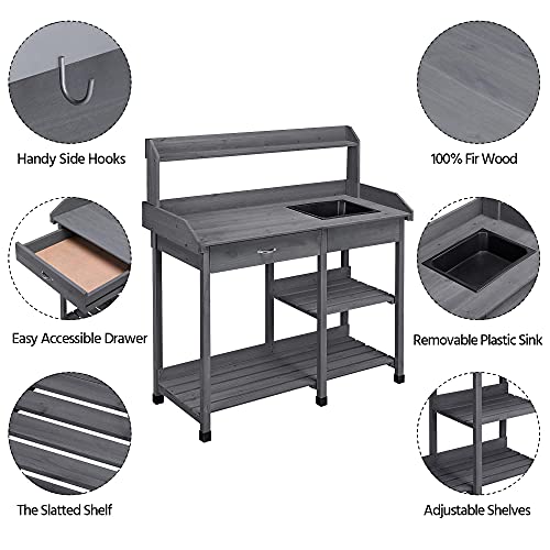Natural Wood Potting Bench with Sink Drawer Rack Shelves L18044