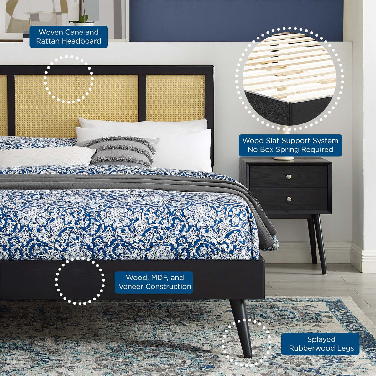 Queen Size Black Wood Platform Bed Frame N865