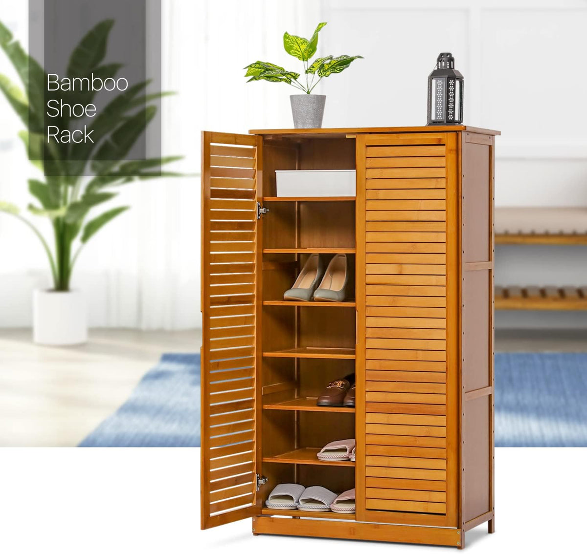 Brown Bamboo Shoe Storage Cabinet with Double Shutter Doors B251