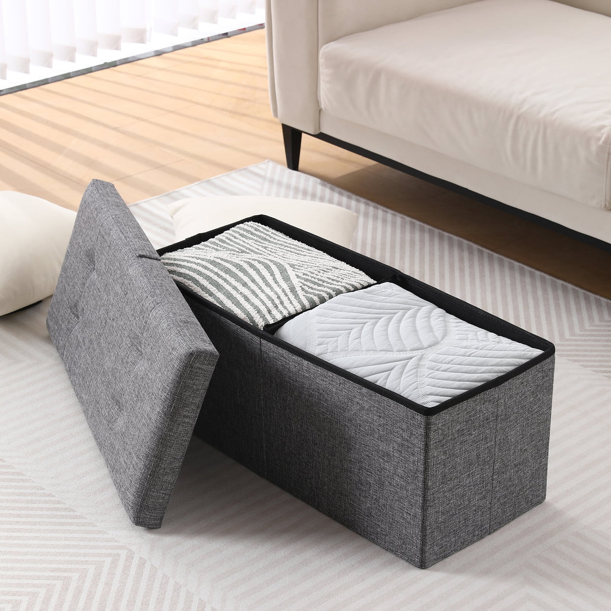 Linen Fabric Storage Ottoman Bench H9802