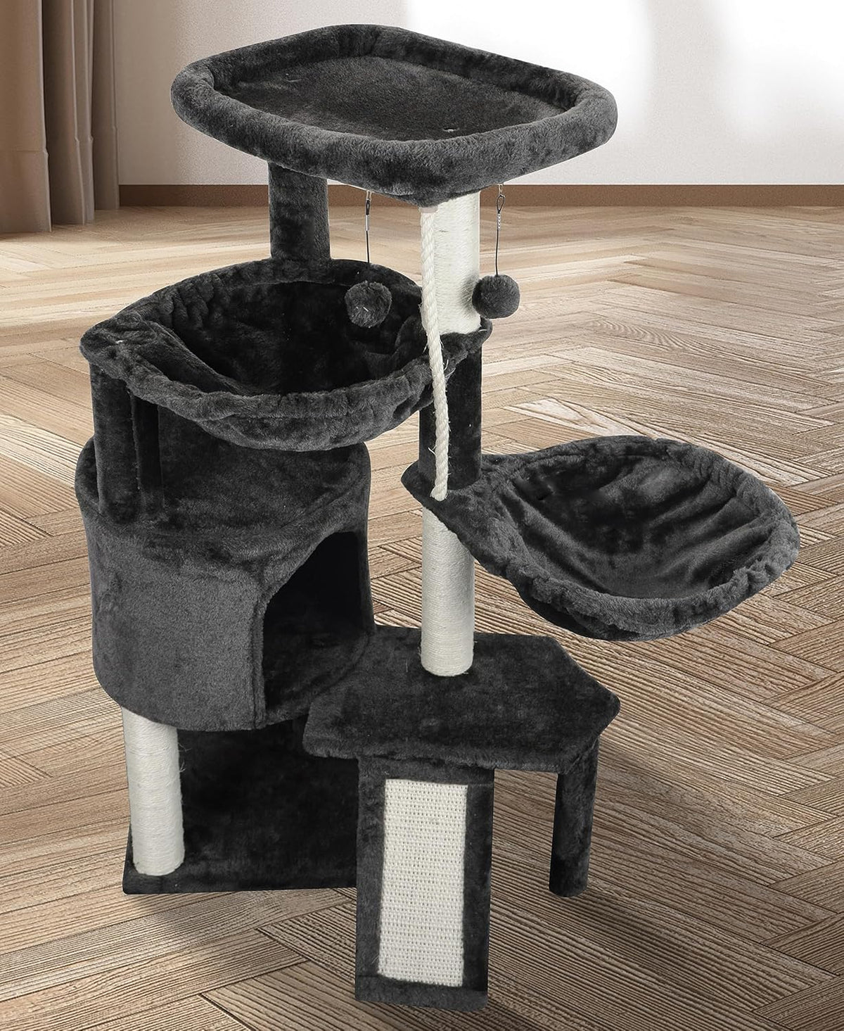 Darkgray Cat Tree with Cat Condo and Two Hammocks A11355
