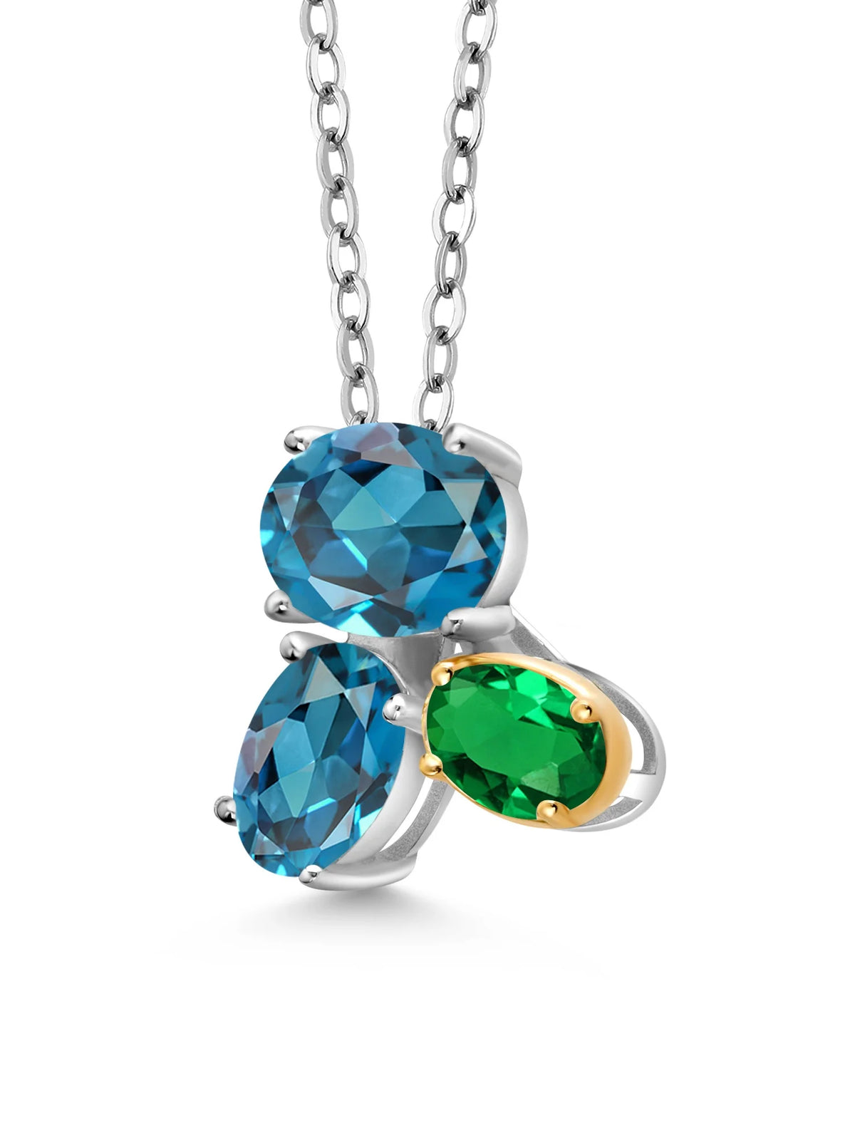 925 Silver 10K Yellow Gold London Blue Topaz Green Nano Emerald Pendant Necklace with 18 inch Chain K843
