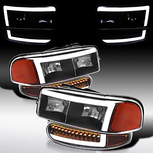 Compatible with 2000-2006 GMC Sierra Denali Black Smoke LED Tube Headlights + Sequential Bumper Lights V99329