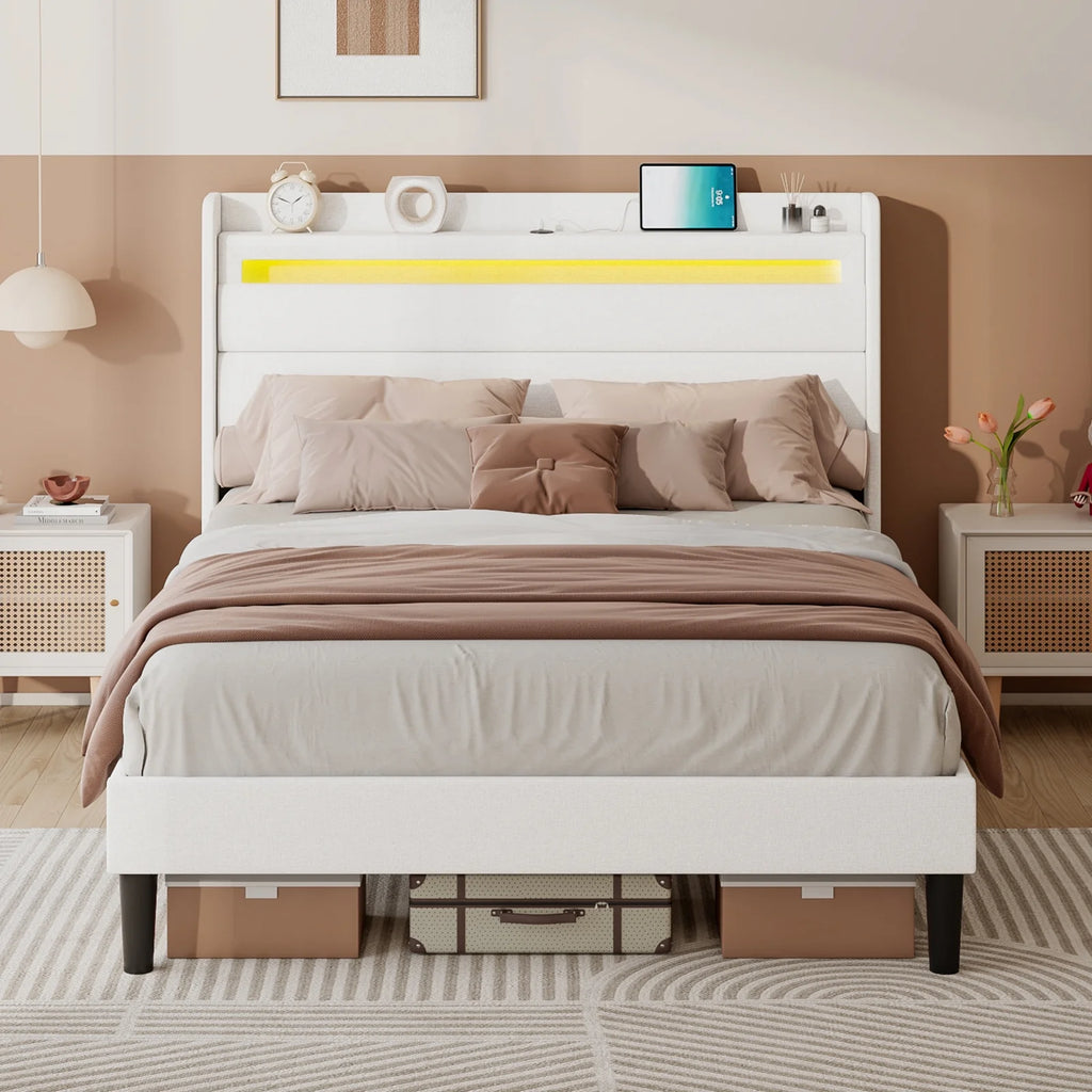 Queen Size White Linen Upholstered Platform Bed with Storage Headboard Z92044