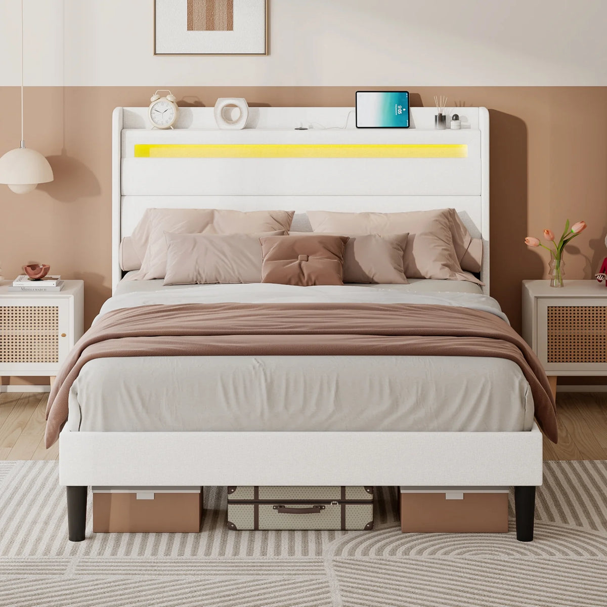 Queen Size White Linen Upholstered Platform Bed with Storage Headboard Z92044