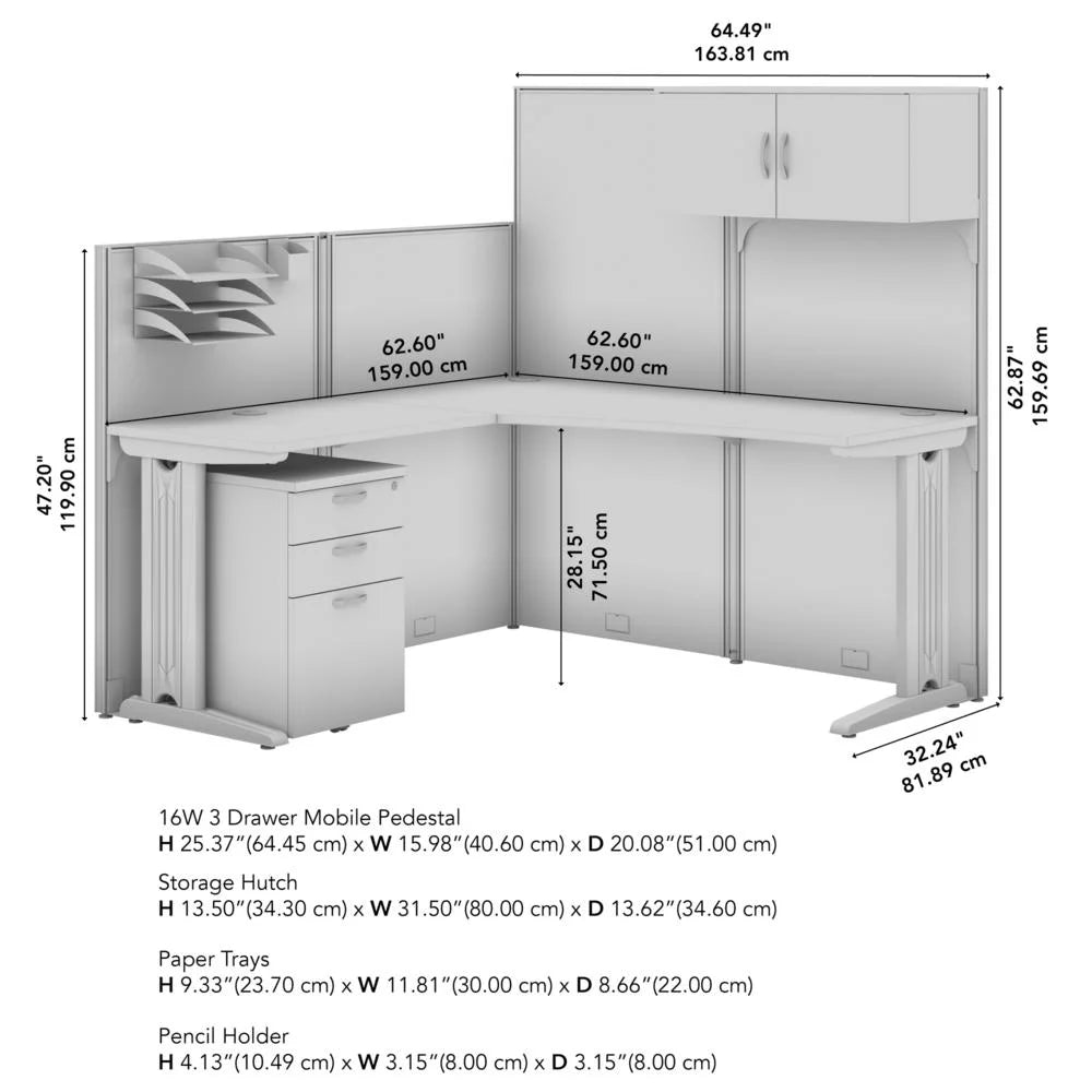 L Cubicle Desk with Storage in Pure White Engineered Wood O82207