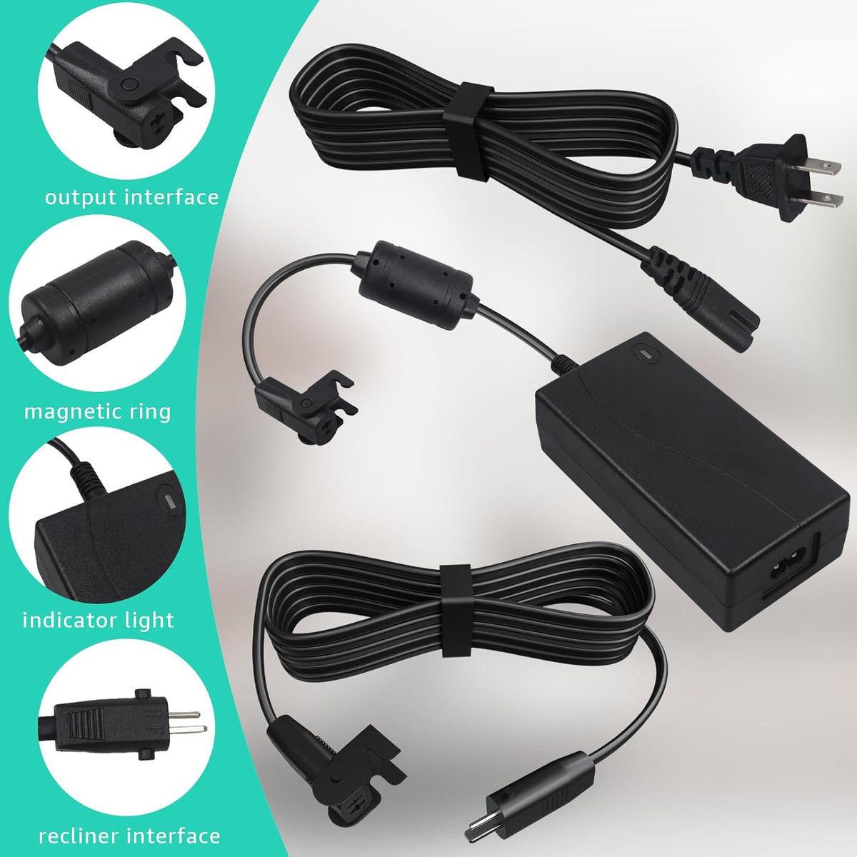 2-Pin 29V2A Power Adapter with Extension Cord for Recliner, Black R577