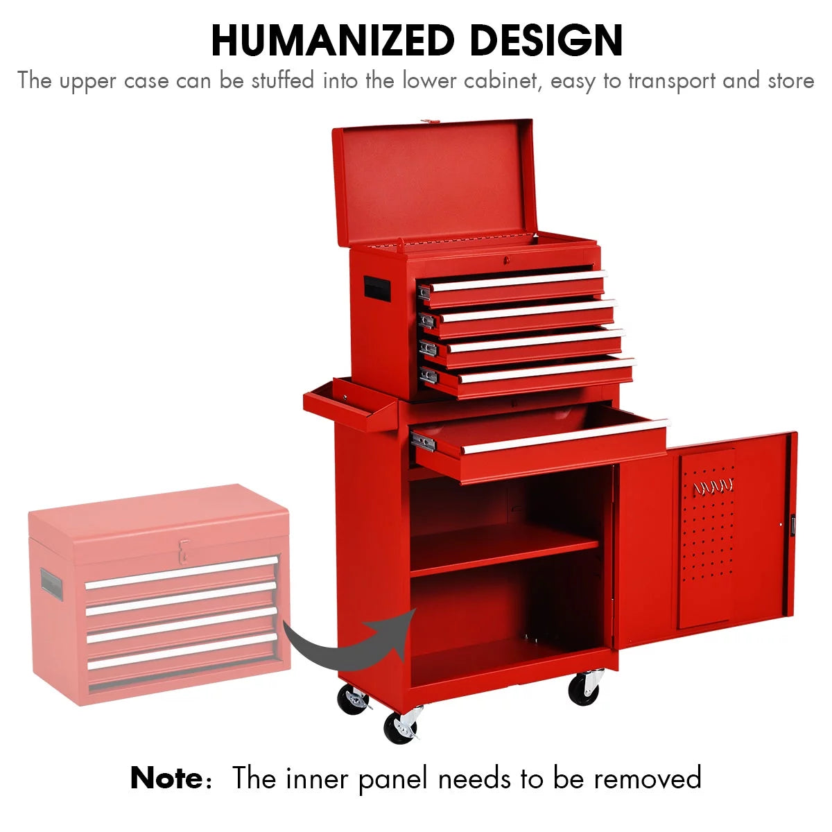 2 in 1 Tool Chest & Cabinet with 5 Sliding Drawers Red Y238