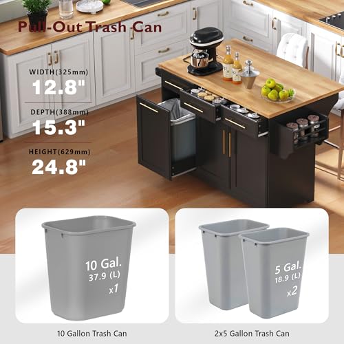 Black Farmhouse Kitchen Island with Drop Leaf, Barn Door, 3 Drawers, Adjustable Shelf, Spice Rack, 56" F706110