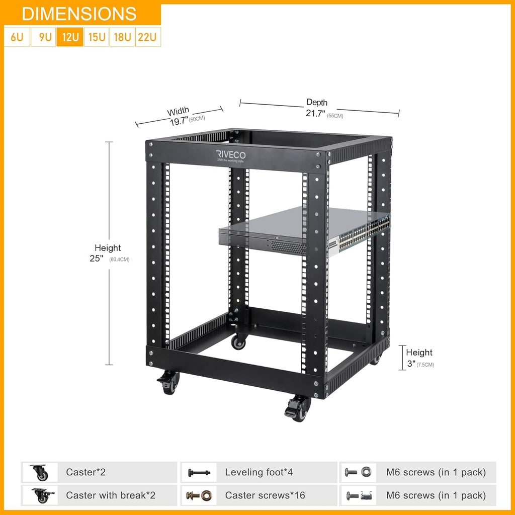 12U Open Frame Server Rack with Casters, 4 Post, 19-inch, Black T29443
