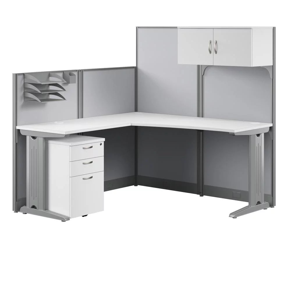 L Cubicle Desk with Storage in Pure White Engineered Wood O82207