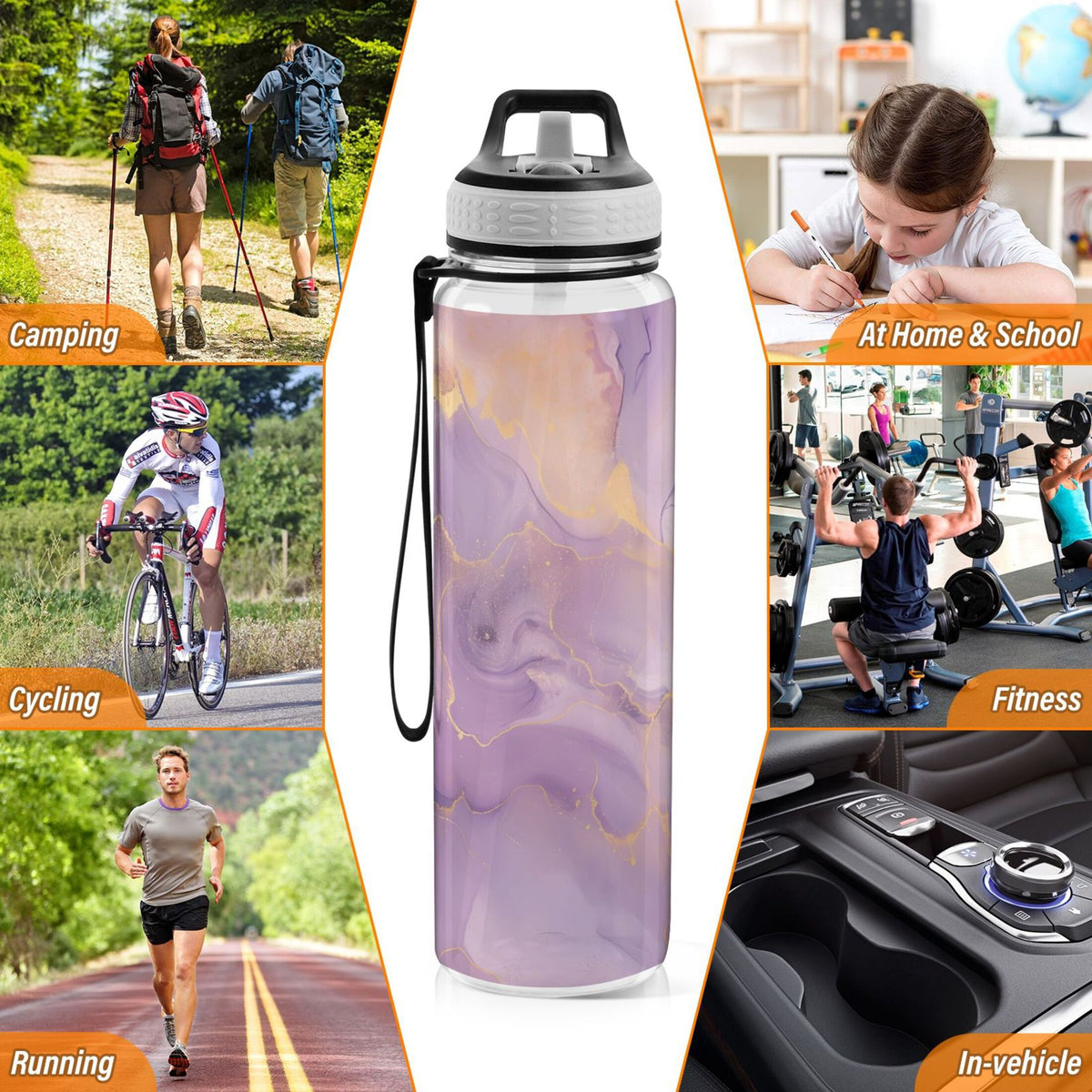 Purple and Gold Marble 32oz Tritan Leakproof Water Bottle with Straw K966811