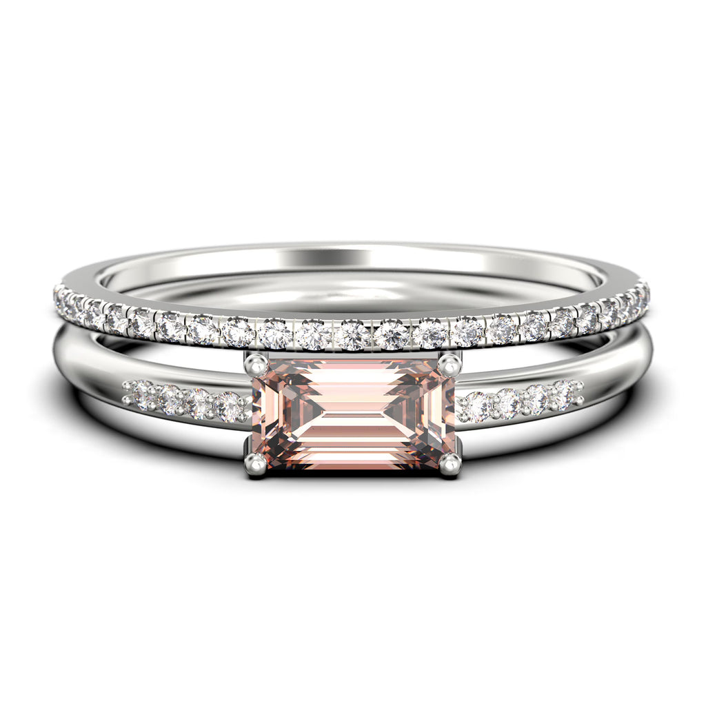 1.45 Carat Emerald Cut Morganite And Diamond Moissanite Engagement Ring in Silver With 18k White Gold Plating U3278