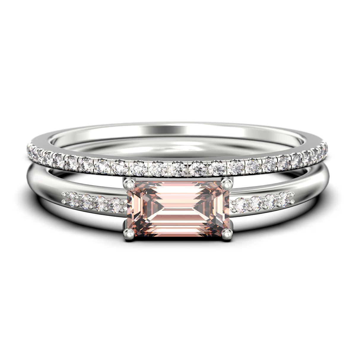 1.45 Carat Emerald Cut Morganite And Diamond Moissanite Engagement Ring in Silver With 18k White Gold Plating U3278