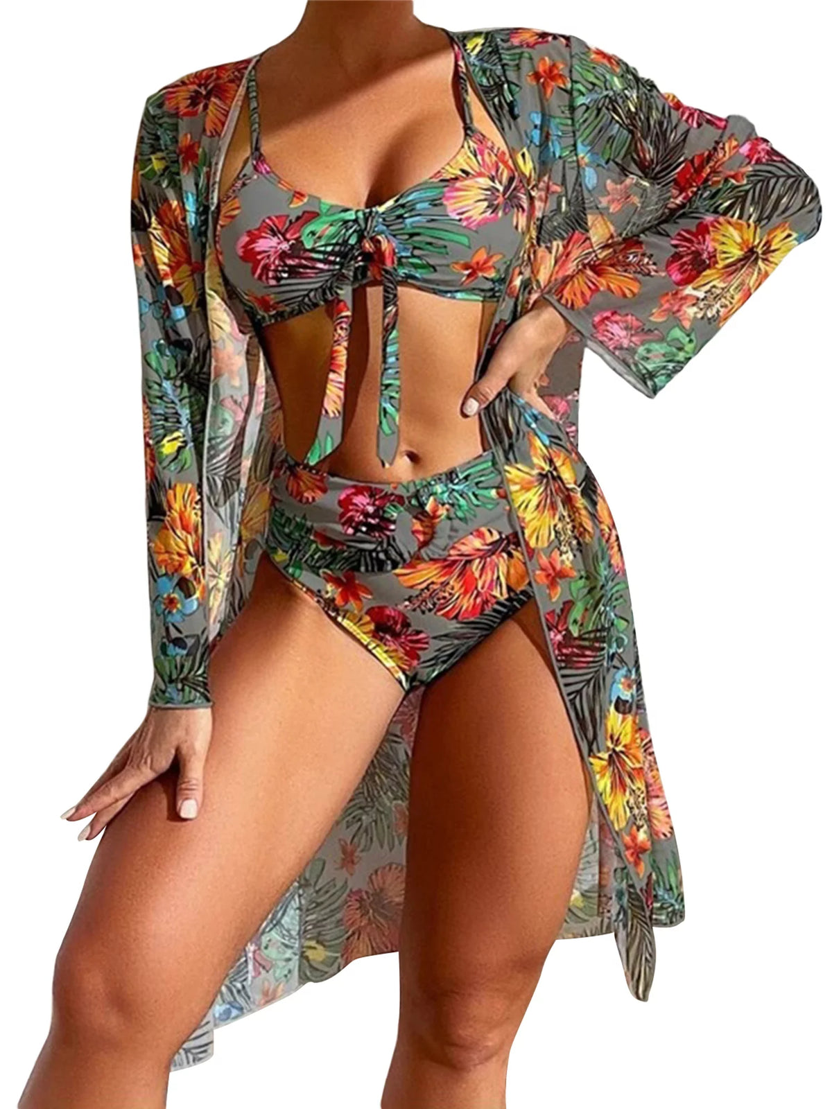 3 Pcs Floral Leaves Print Sling Padded Bra Thong Bottoms Long Sleeve Open Front Cover-Ups Bikini D1218