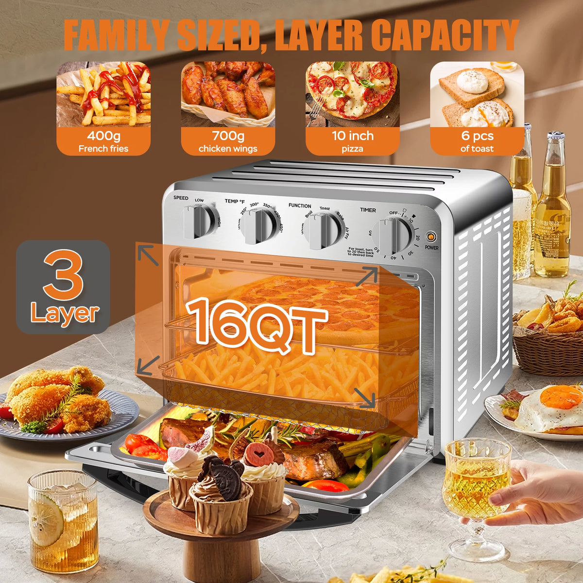 16QT Air Fryer Oven, 4 Slice Toaster Convection Air Fryer, Silver K353