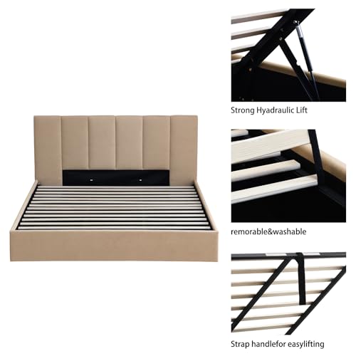 California King Size Lift-Up Storage Upholstered Platform Bed Beige J498340