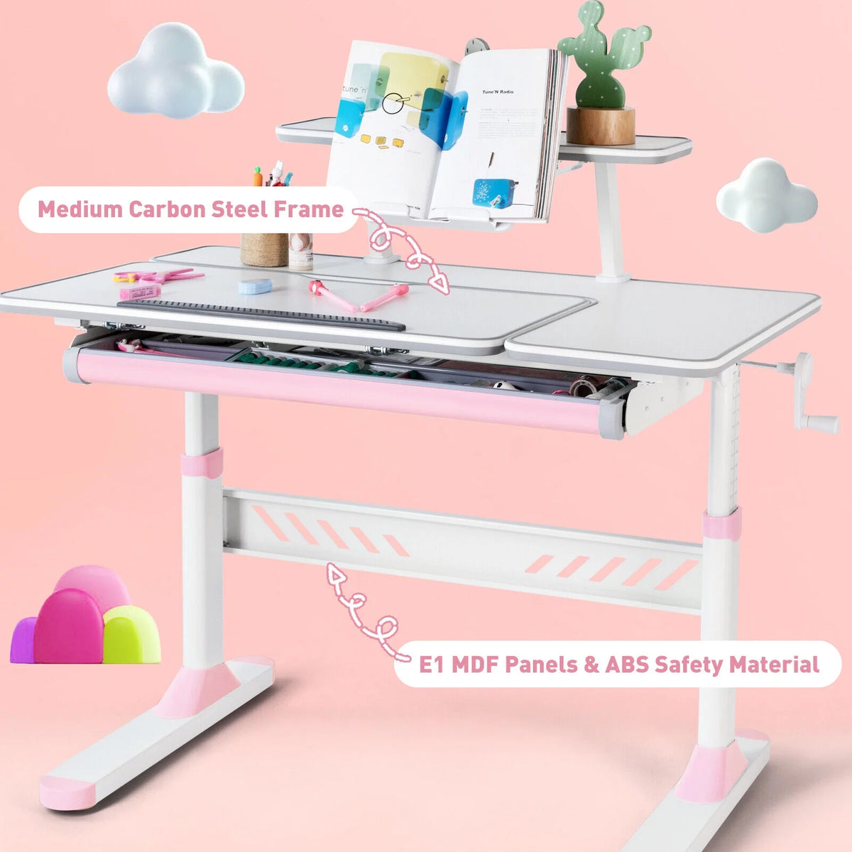 Kids Study Desk and Chair Set Adjustable with Drawer and Bookstand Pink G435768