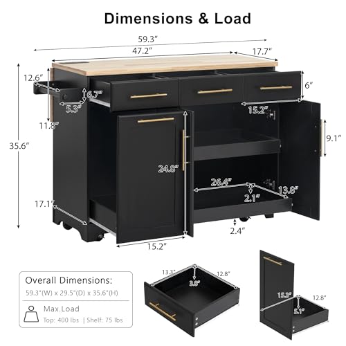 Black Farmhouse Kitchen Island with Drop Leaf, Barn Door, 3 Drawers, Adjustable Shelf, Spice Rack, 56" F706110