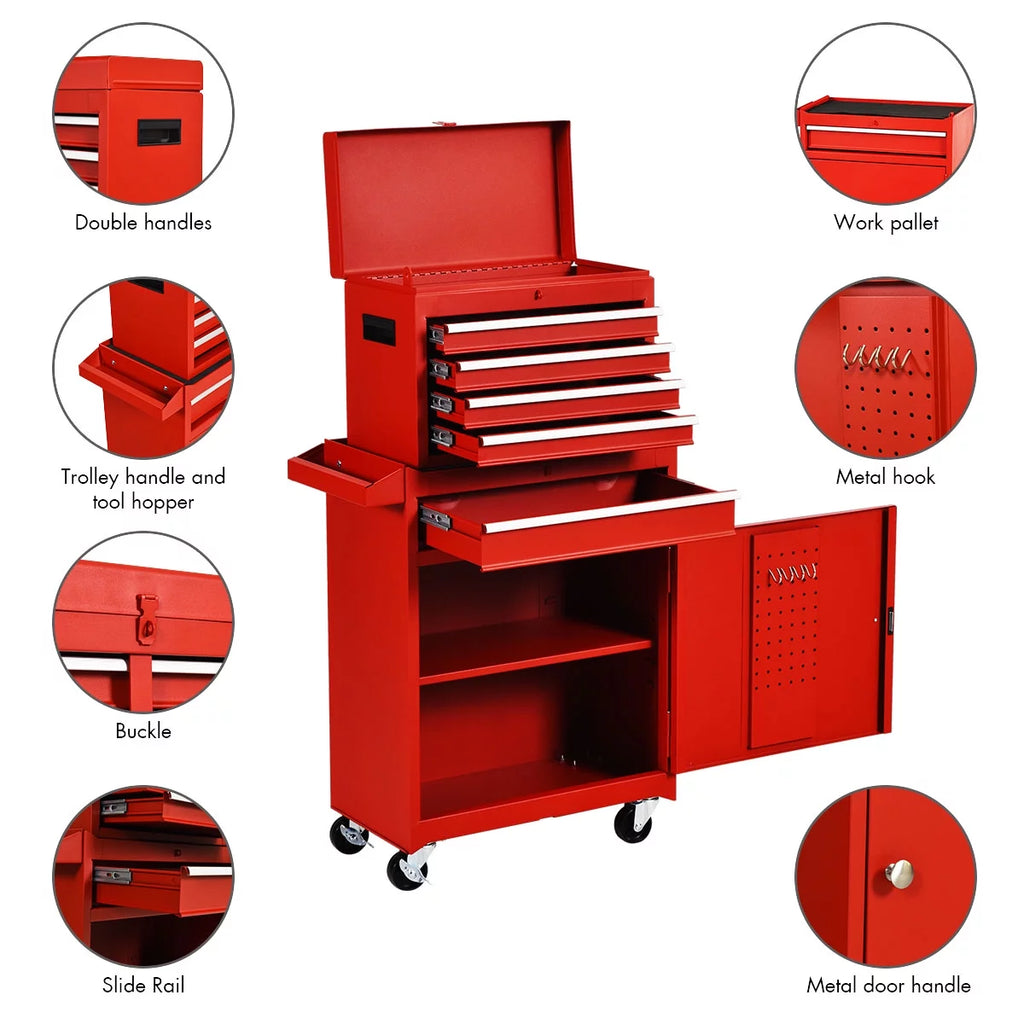 2 in 1 Tool Chest & Cabinet with 5 Sliding Drawers Red Y238