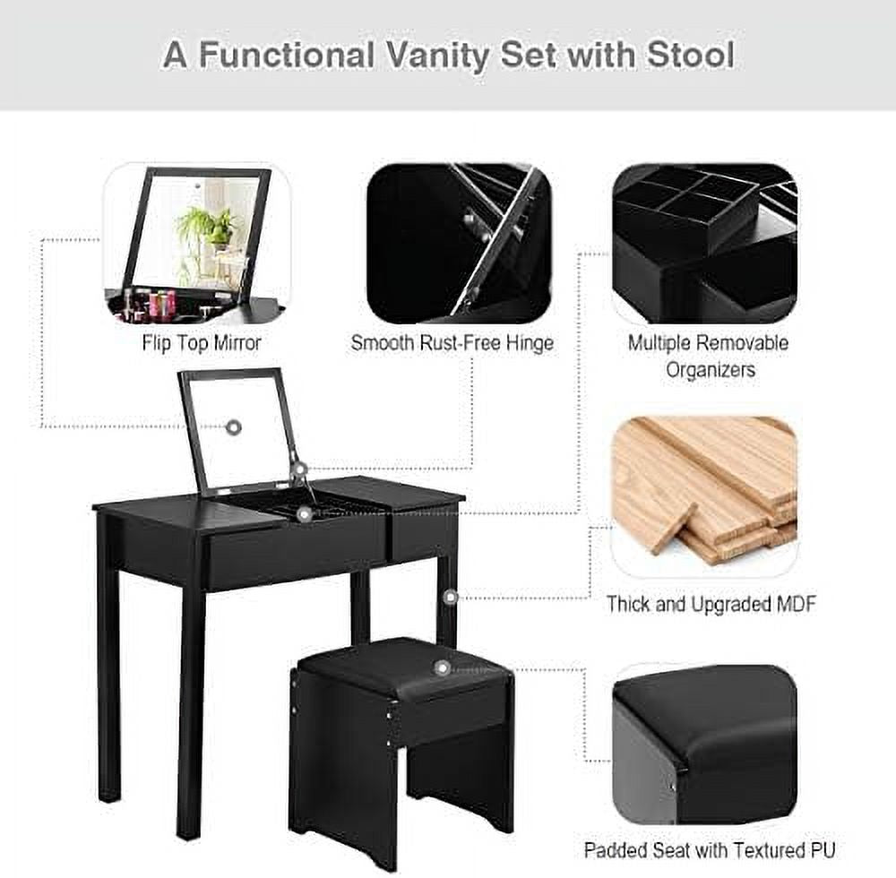 Black Vanity Set with Flip Top Mirror and Cushioned Stool E1516