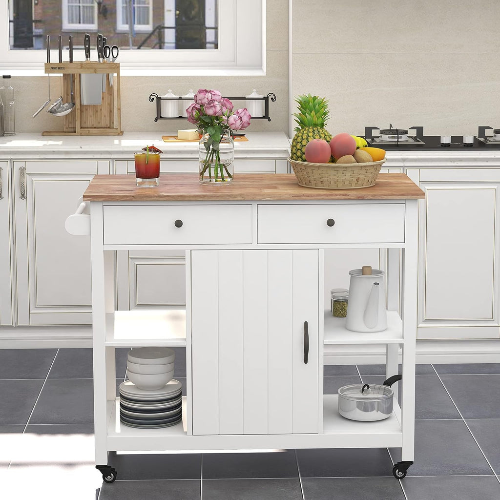White Kitchen Cart on Wheels with Wood Top F127