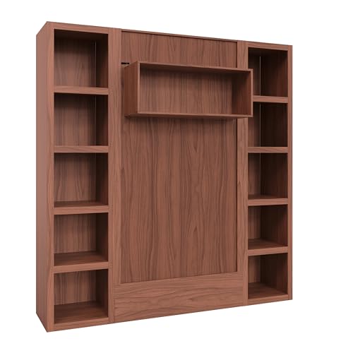Queen Murphy Wall Bed in Brown Wood Grain with Two Bookshelves I264