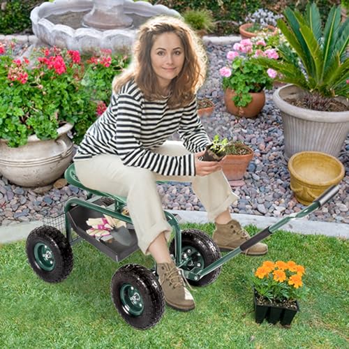 Blue Garden Cart with Rolling Work Seat Tool Tray and Storage Basket on Wheels X742