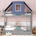 Wooden Twin over Twin Bunk Bed Frame with Tent and 2 Drawers B1168