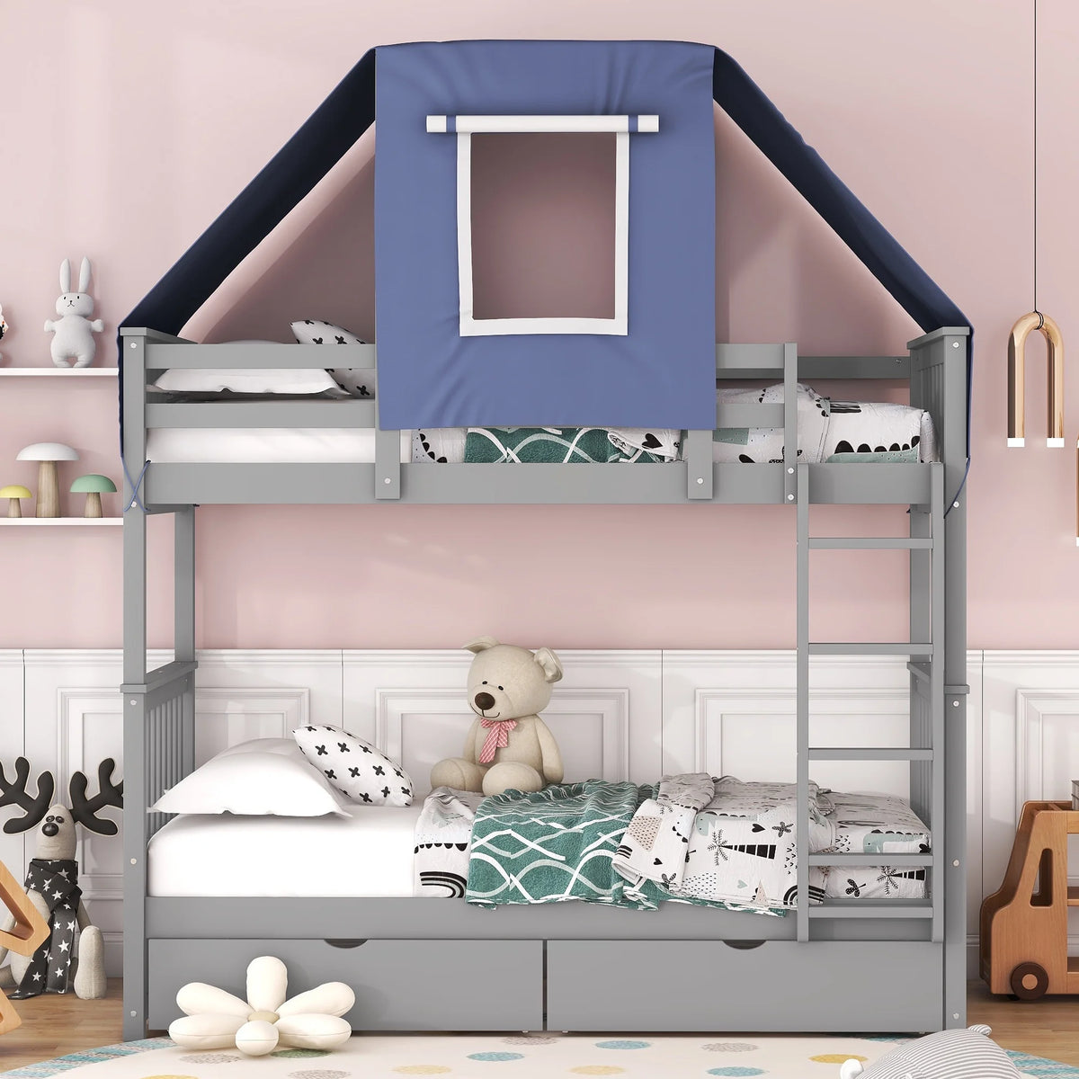 Wooden Twin over Twin Bunk Bed Frame with Tent and 2 Drawers B1168