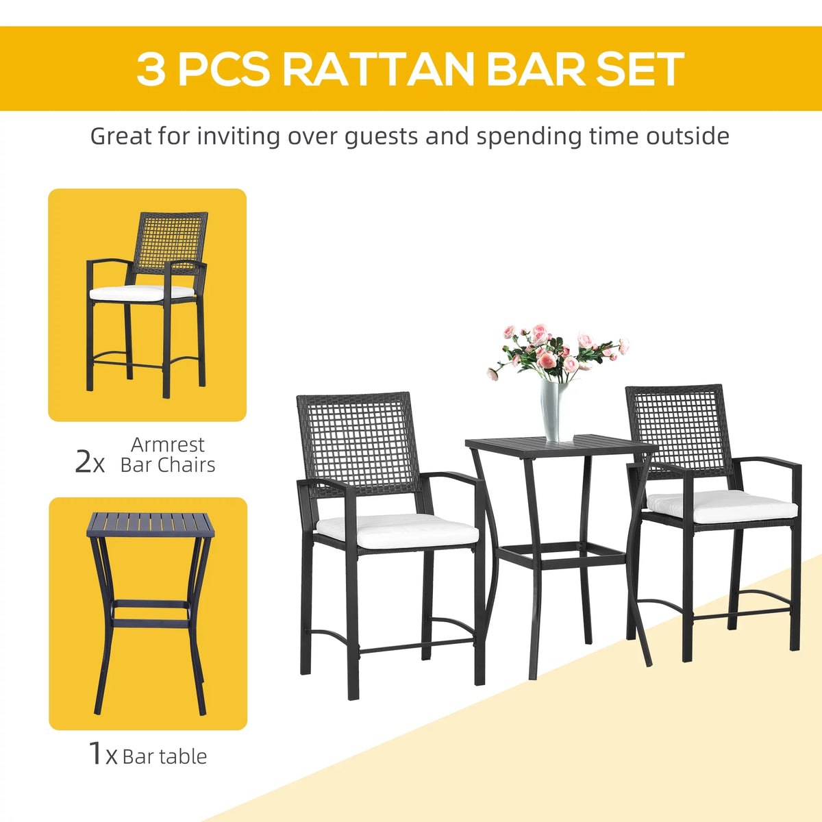 3 Pcs Rattan Wicker Patio Bar Set with Cushion T864789