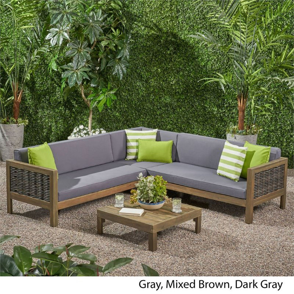 Gray 4 Piece Outdoor Wood and Wicker Sectional Sofa Set W693