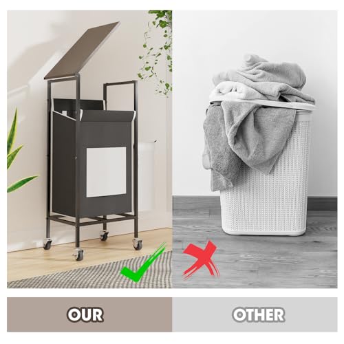 Black Metal Frame Laundry Hamper with Lid and Wheels O75607