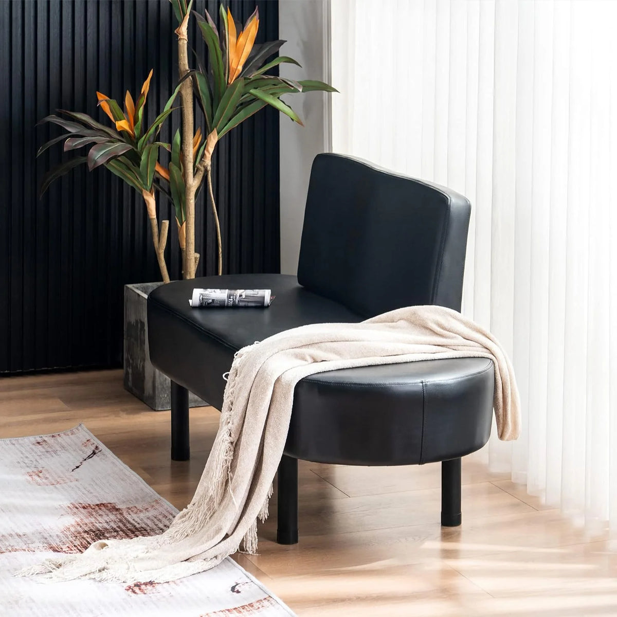 Black Leather Upholstered Bench with Backrest O157