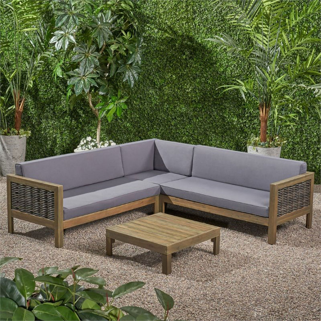 Gray 4 Piece Outdoor Wood and Wicker Sectional Sofa Set W693