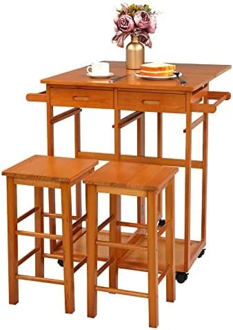 Drop Leaf Solid Wood Table and Stool Set with 2 Drawers A12314