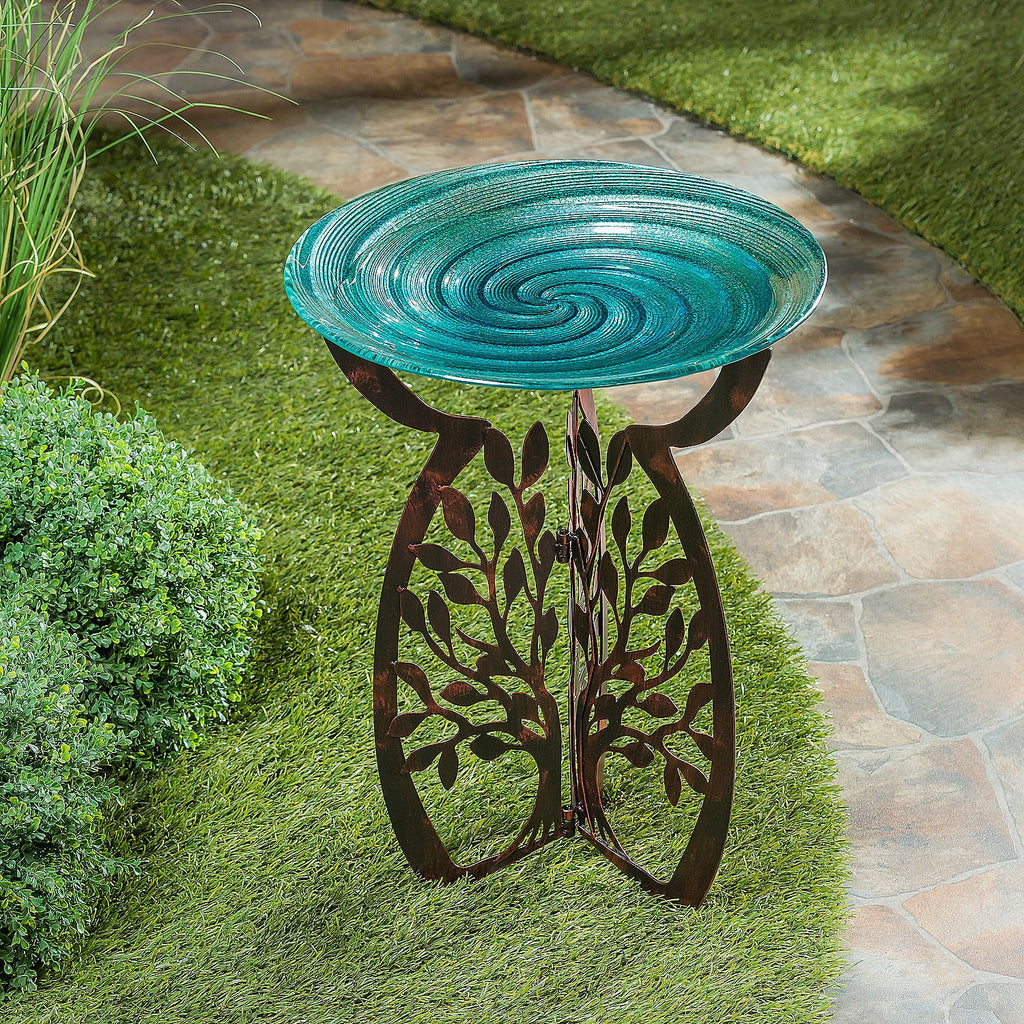 Laser Cut Bird Bath Stand and Glass Embossed Bird Bath Set A395663