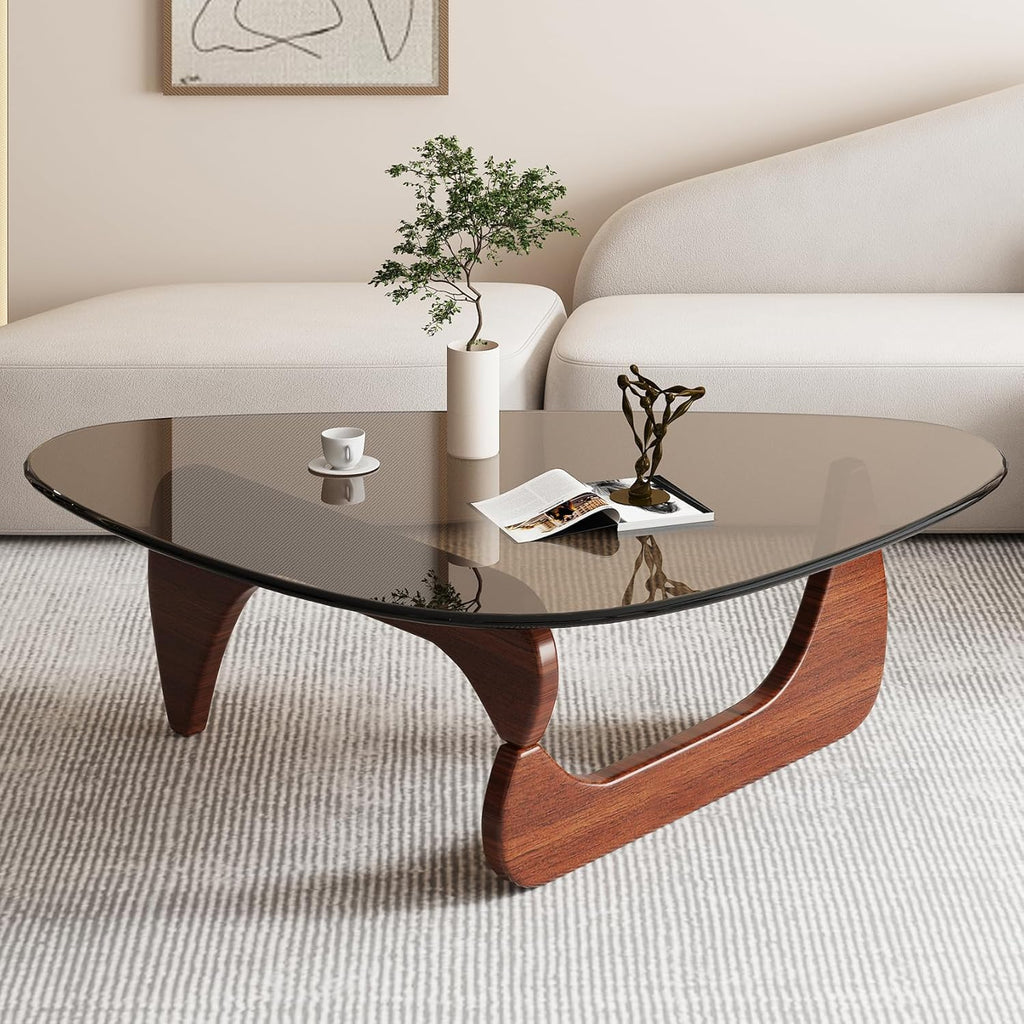Glass Coffee Table with Solid Wood Base and Tempered Glass Top B394