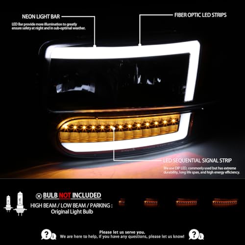 Compatible with 2000-2006 GMC Sierra Denali Black Smoke LED Tube Headlights + Sequential Bumper Lights V99329