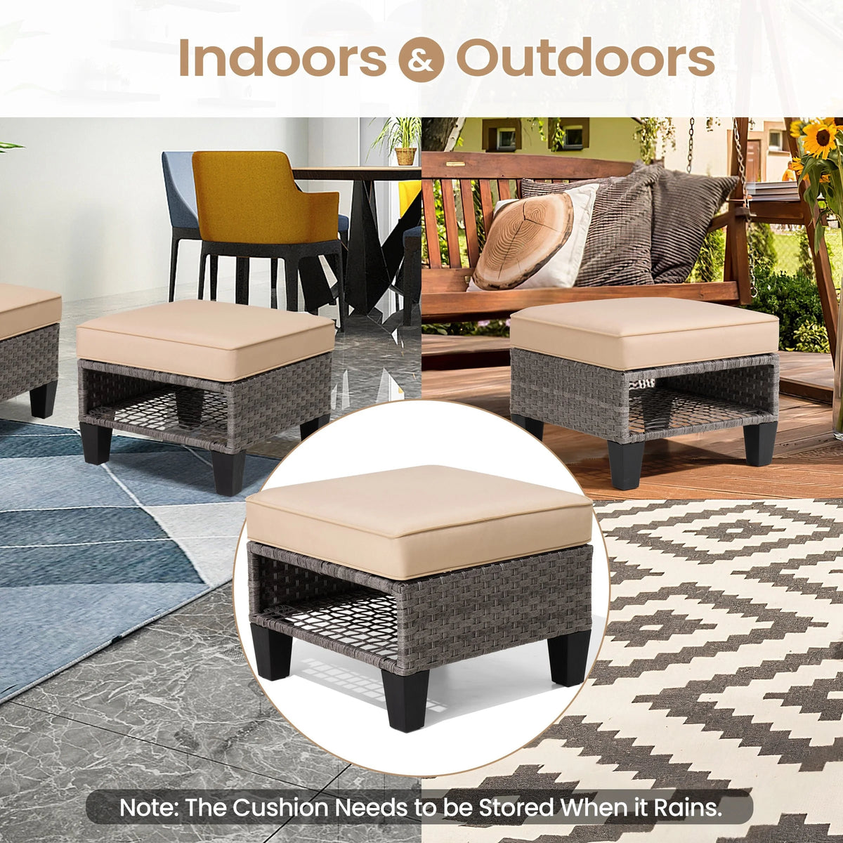 Square Rattan Storage Ottomans Set of 2 with Cushion V277896