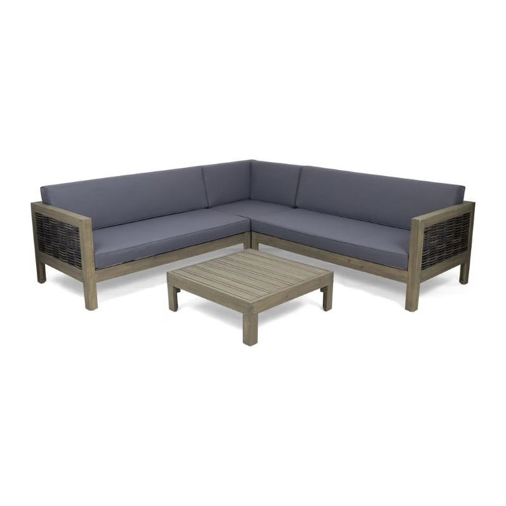 Gray 4 Piece Outdoor Wood and Wicker Sectional Sofa Set W693