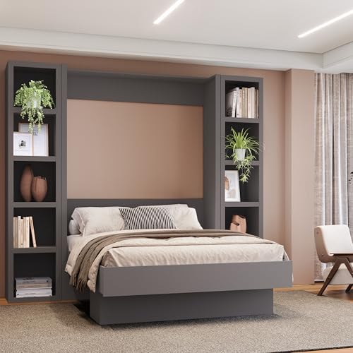 Queen Murphy Wall Bed in Brown Wood Grain with Two Bookshelves I264
