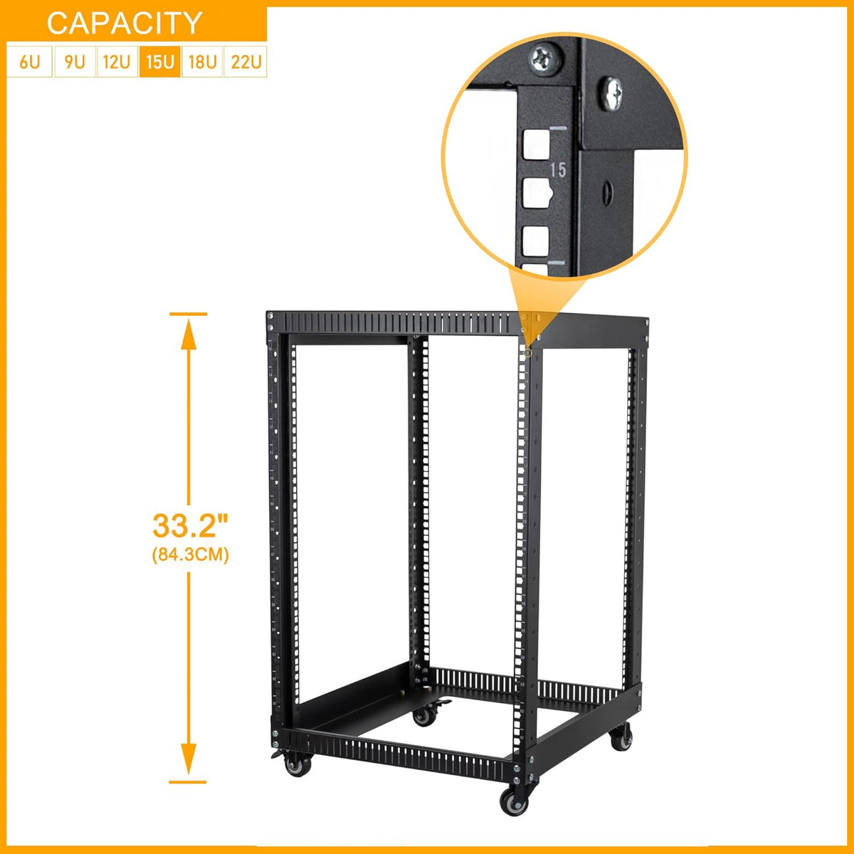 12U Open Frame Server Rack with Casters, 4 Post, 19-inch, Black T29443