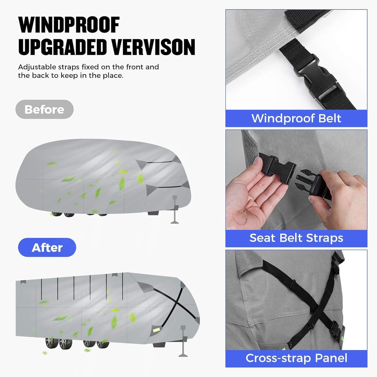 Gray Windproof Travel Trailer RV Snow Cover with Jack Cover & Patch Kit D3155