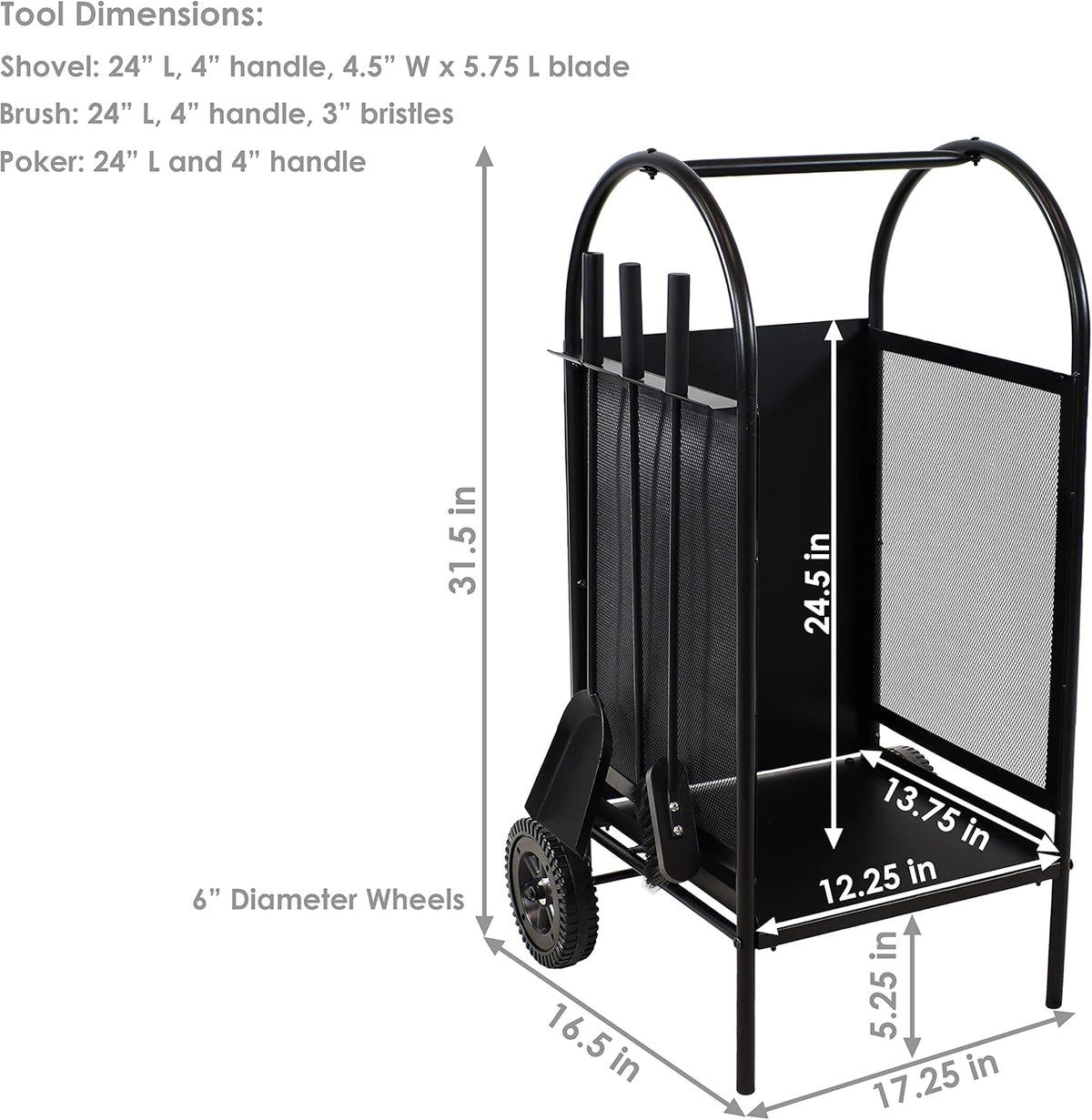 Wrought Iron Firewood Rack with Poker, Shovel and Brush Tools C455528