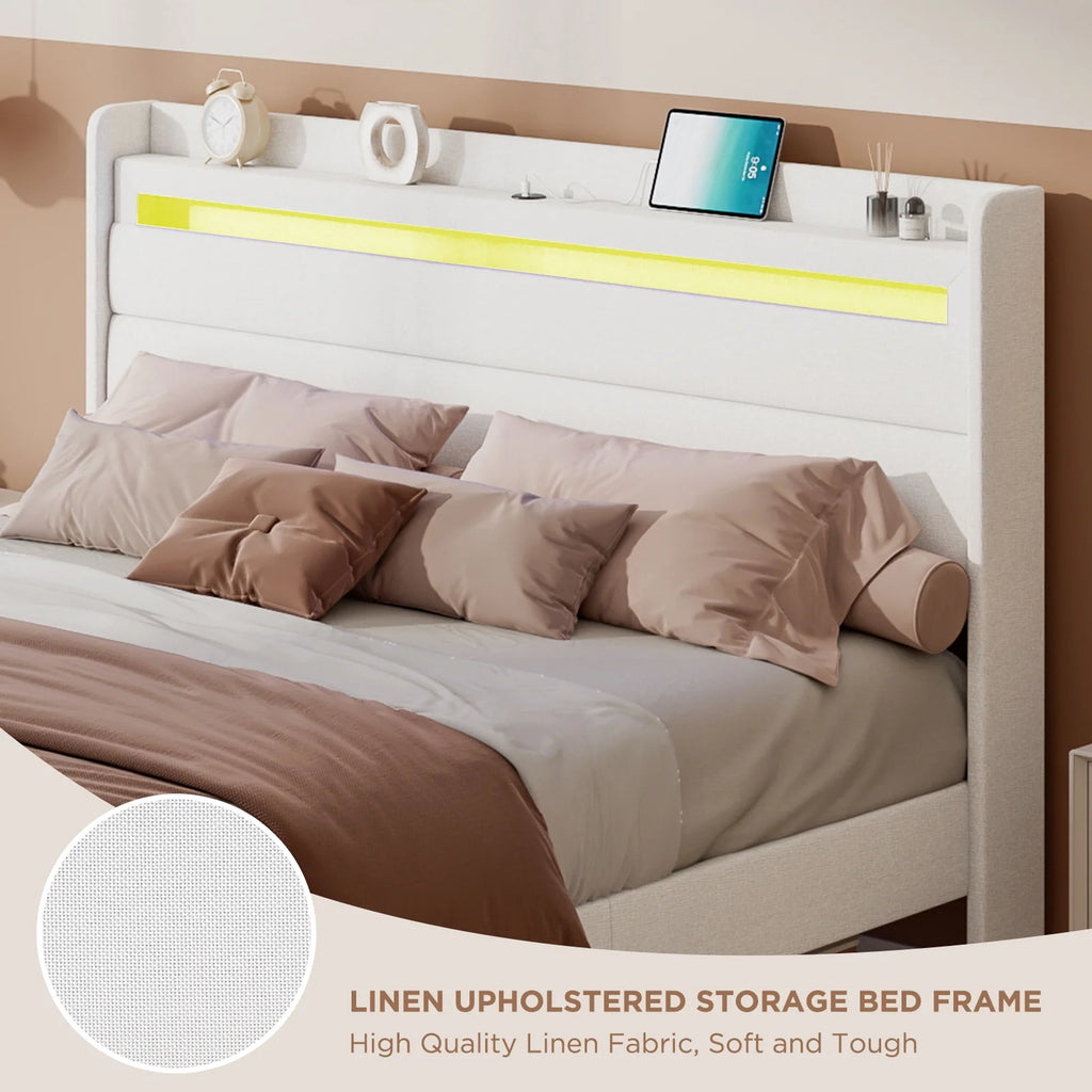 Queen Size White Linen Upholstered Platform Bed with Storage Headboard Z92044
