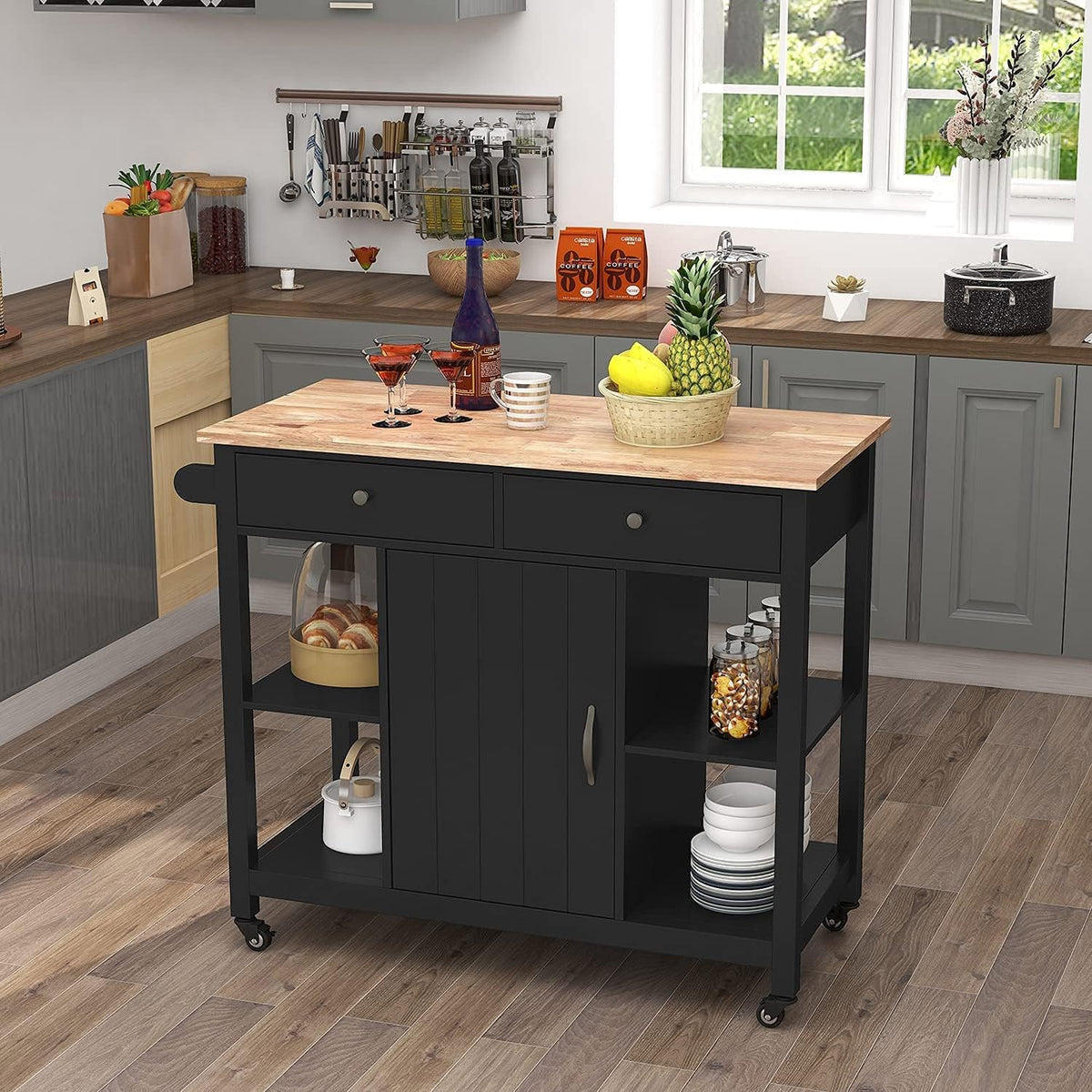 White Kitchen Cart on Wheels with Wood Top F127
