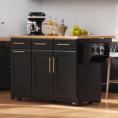Black Farmhouse Kitchen Island with Drop Leaf, Barn Door, 3 Drawers, Adjustable Shelf, Spice Rack, 56" F706110